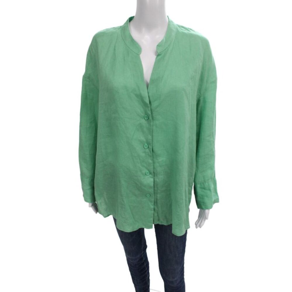 Zara Womens Basic Linen Button Up Long Sleeve Green Blouse Size M